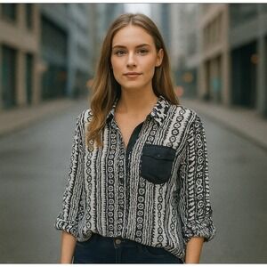 Lucy Diamonds Boho‎ Chic Printed Blouse with Keyhole Back Detail Plus 1X Nwot